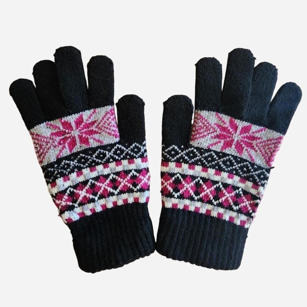 Knitted gloves with Fairisle snowflake pink and black boho argyle design